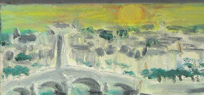c'est une toute petite toile (huile 28 X 12 cm) peinte très rapidement pour fixer une image perçue d'un coucher particulier sur Blois, un soir en allant au travail. Cette lumière aux tendances si vertes, inhabituelles m'a beaucoup ému et l'émotion me reste encore aujourd'hui quand mon regard se fond à mon souvenir
