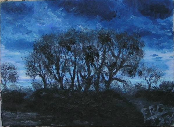 ainsi vient le jour (huile sur toile 22 X 14 cm) tableau dans le même esprit que celui en ton rouges et noir, décliné à une autre heure du jour